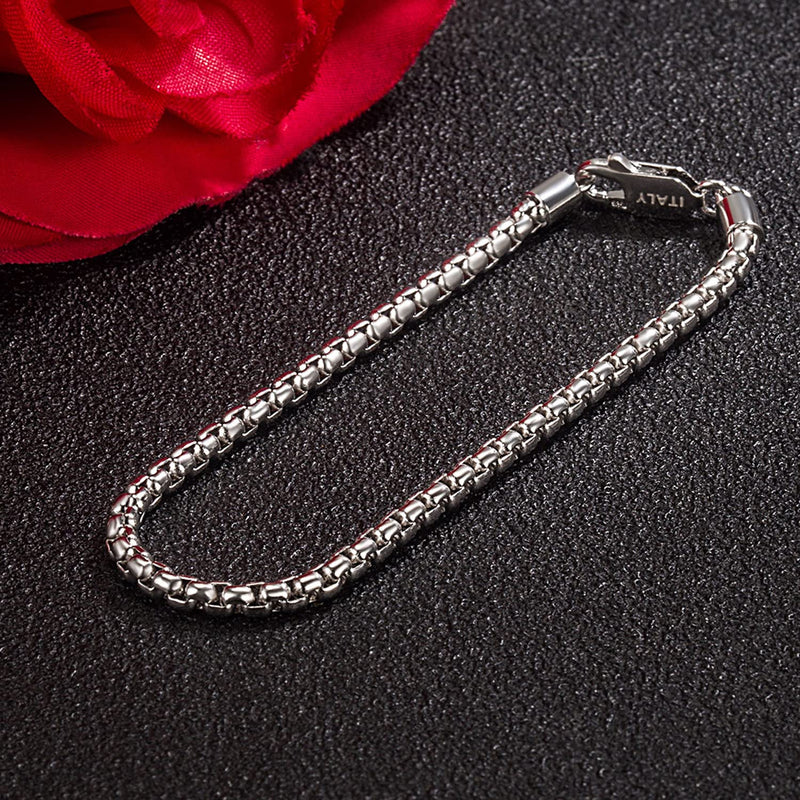 H&Beautimer Solid 925 Sterling Silver - Classic Men's 3MM Box Chain Bracelet - Original Silver Party Jewelry Bracelet 6.3-6.7-7-7.5-8-8.5-9'' - Handmade in Italy 7.5 Inches - BeesActive Australia