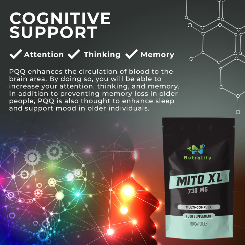 Nutrality Mito XL Supplement, 738mg - Mitochondrial Energy Optimizer, PQQ, Healthy Mitochondria, Cellular Energy, Cognitive Support, Brain Health. 1 Month Supply, 60 Vegan-Friendly Capsules - BeesActive Australia