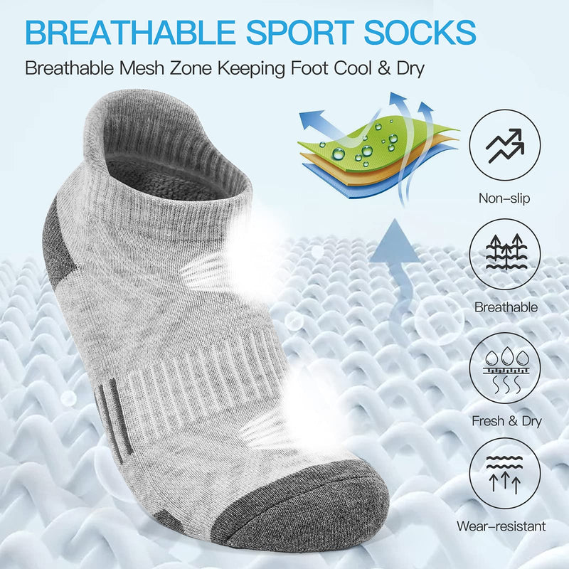 Ankle Athletic Running Socks Cushioned Breathable Low Cut Sports Socks with Tab Arch Support for Men Women (6Pairs) 6-9 Grey - BeesActive Australia