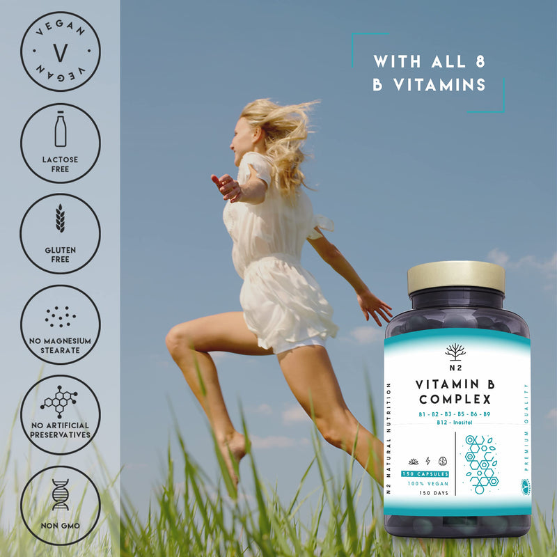 Vitamin B Complex High Strength. Vitamin B12, B9 (folic Acid), B7 (Biotin), B6, B5, B3, B2, B1,Inositol. Improves Mental Performance and Reduces Fatigue. 150 Capsules. Vegan. CE. N2 Natural Nutrition - BeesActive Australia