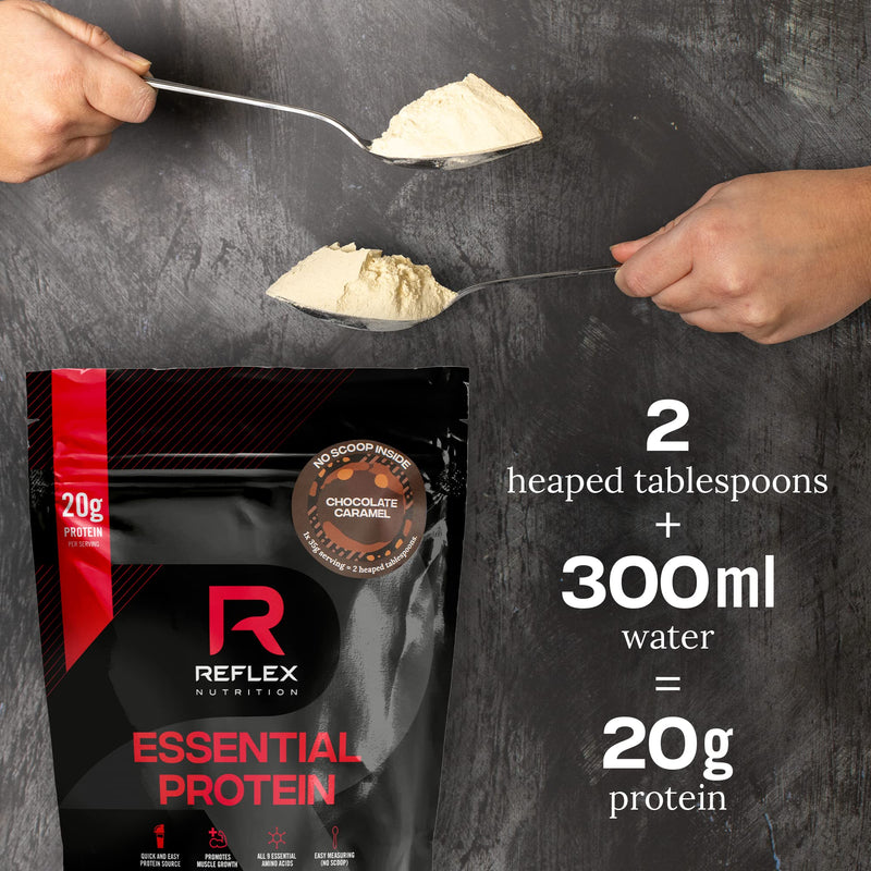 Reflex Nutrition Essential Whey Protein Powder | 20g Per Serving | All 9 Amino Acids | Chocolate Caramel, 500g - BeesActive Australia