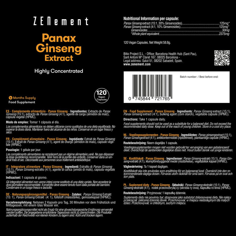 Panax Ginseng, Highly Concentrated, 2375mg, 120 Capsules | for Improved Well-Being | Improves Concentration, Memory and Athletic Endurance | 100% Natural Ingredients, Vegan, Additives Free | Zenement - BeesActive Australia