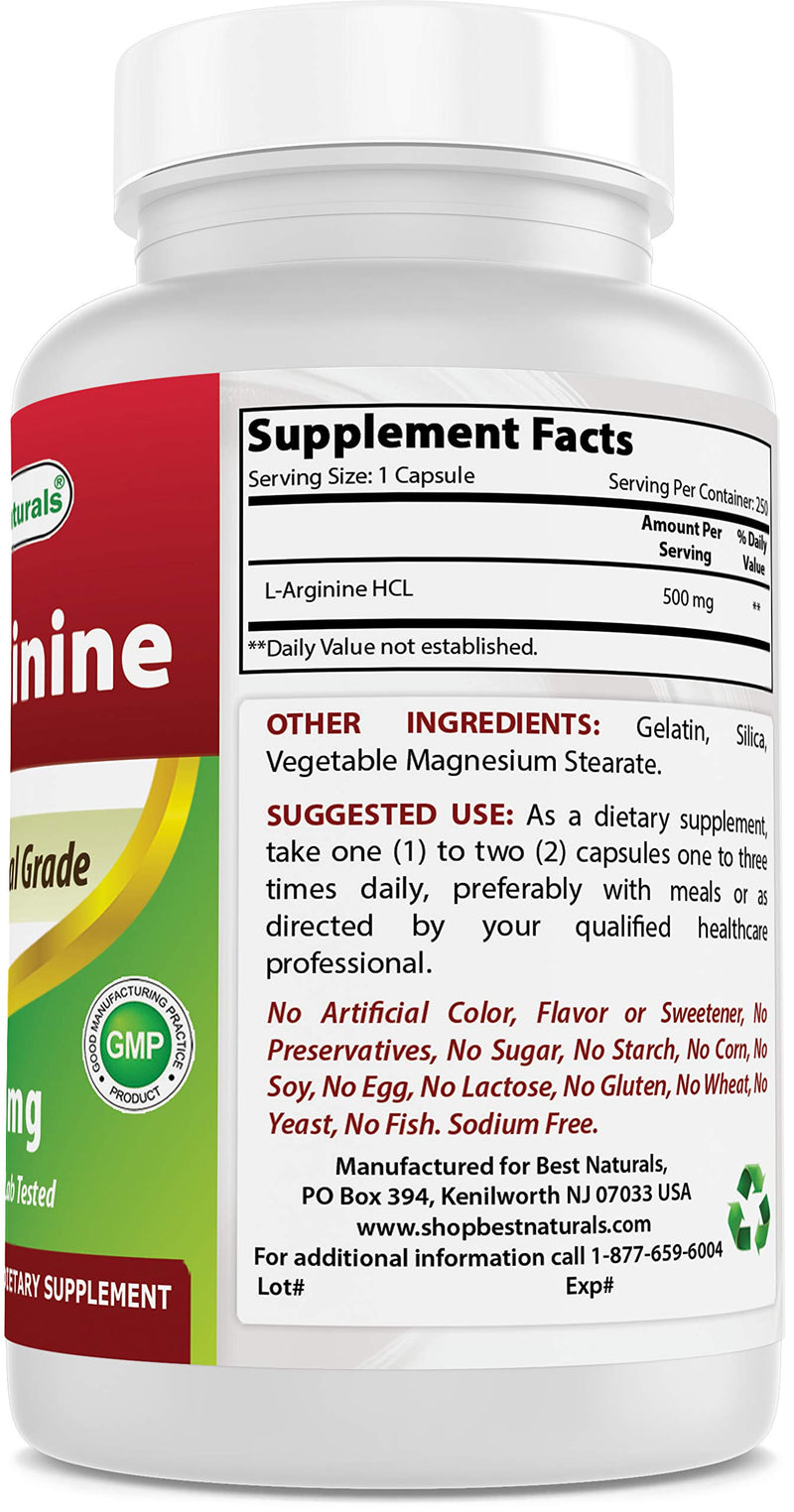 Best Naturals L-Arginine 500mg 250 Capsules (250 Count (Pack of 1)) 250 Count (Pack of 1) - BeesActive Australia