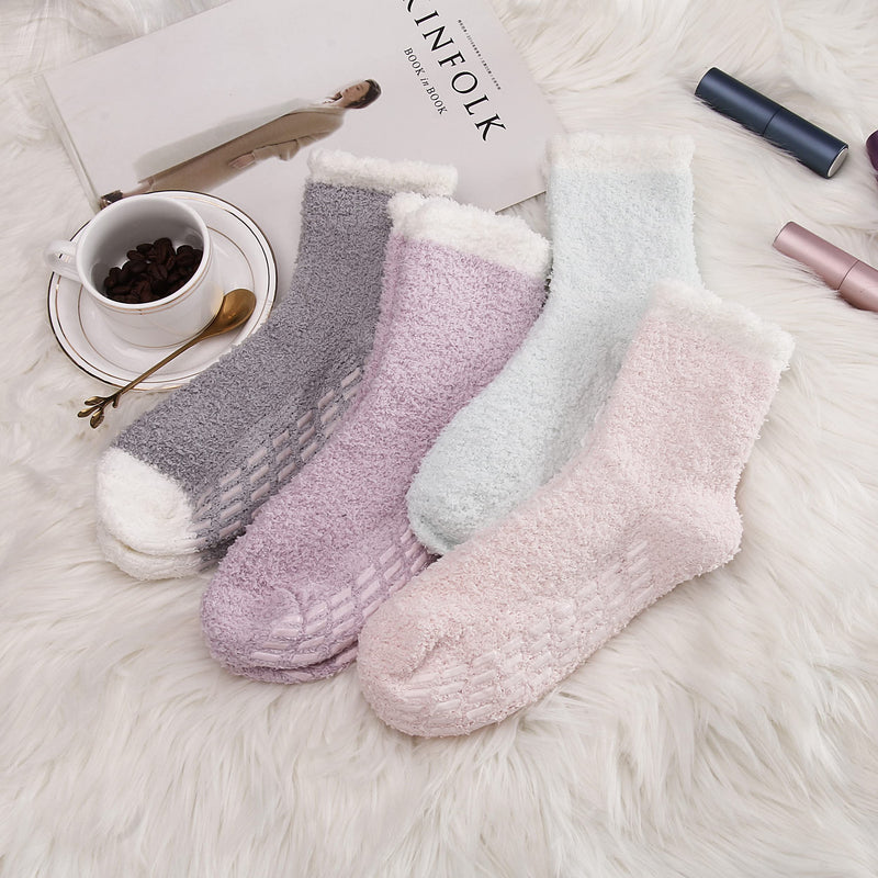 Non Slip Socks Hospital Socks with Grips for Women Grip Socks for Women Fluffy Socks with Grips for Women Slipper Socks 4 Pairs 1 - BeesActive Australia