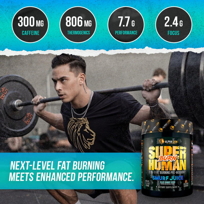 ALPHA LION Superhuman Burn 2-in-1 Metabolism Booster Pre Workout, Weight Loss Supplement, Appetite Suppressant, Fat Loss Support, Energy & Focus Powder (21 Servings, Blue Gummy Bear Flavor) Smurf Juice - BeesActive Australia
