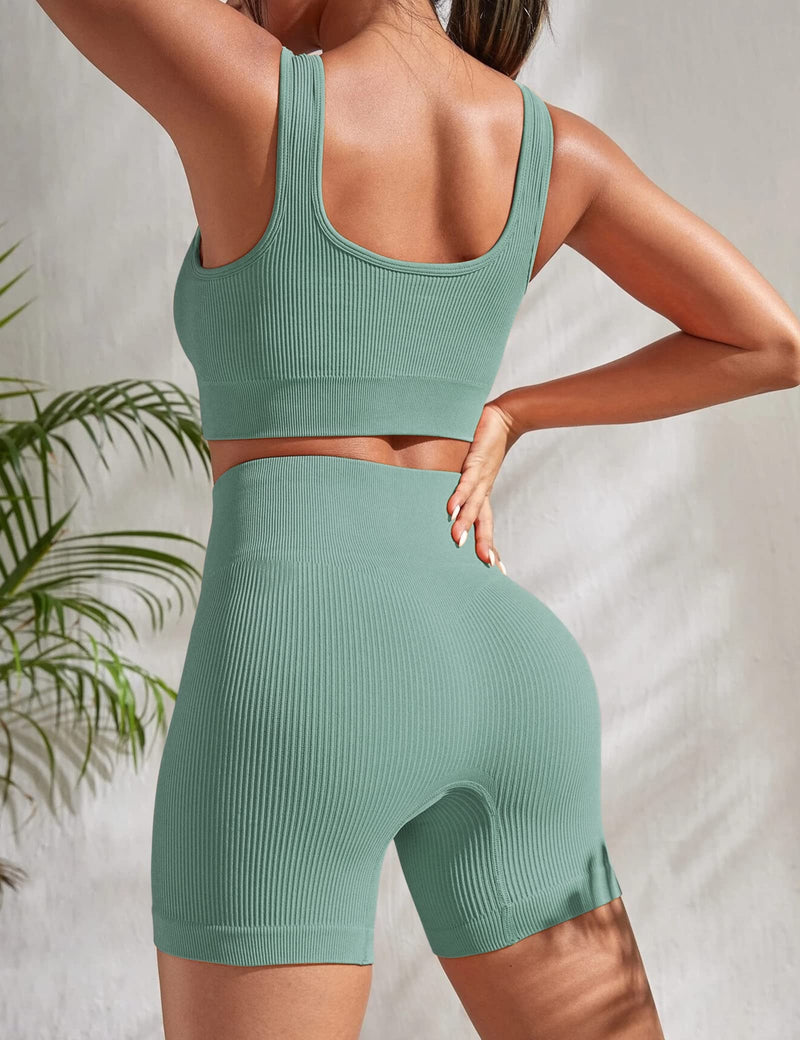 Chiphell Ribbed Workout Sets for Women 2 Piece Square Neck Crop Top and High Waist Biker Shorts Seamless Activewear Tracksuit Blue Small - BeesActive Australia