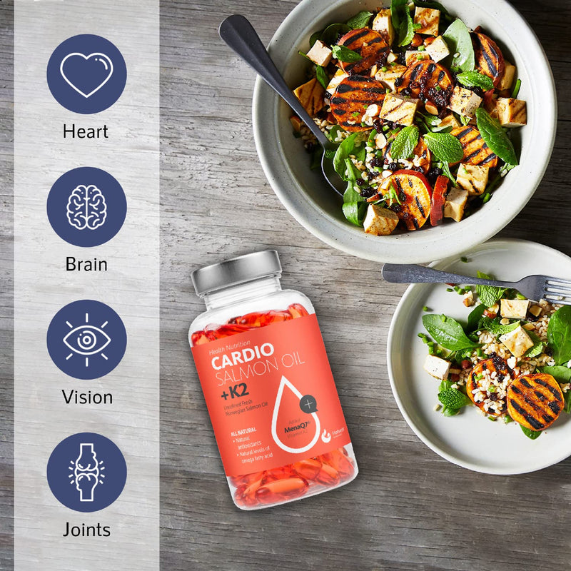 Cardio Premium Salmon Oil Supplement - A Full 21-Fatty Acid Spectrum, Including Omega 3 6 9 DHA & EPA - 90 Easy to Swallow Capsules - Non GMO & 100% Traceable - Strong Natural Antioxidant + K2 - BeesActive Australia
