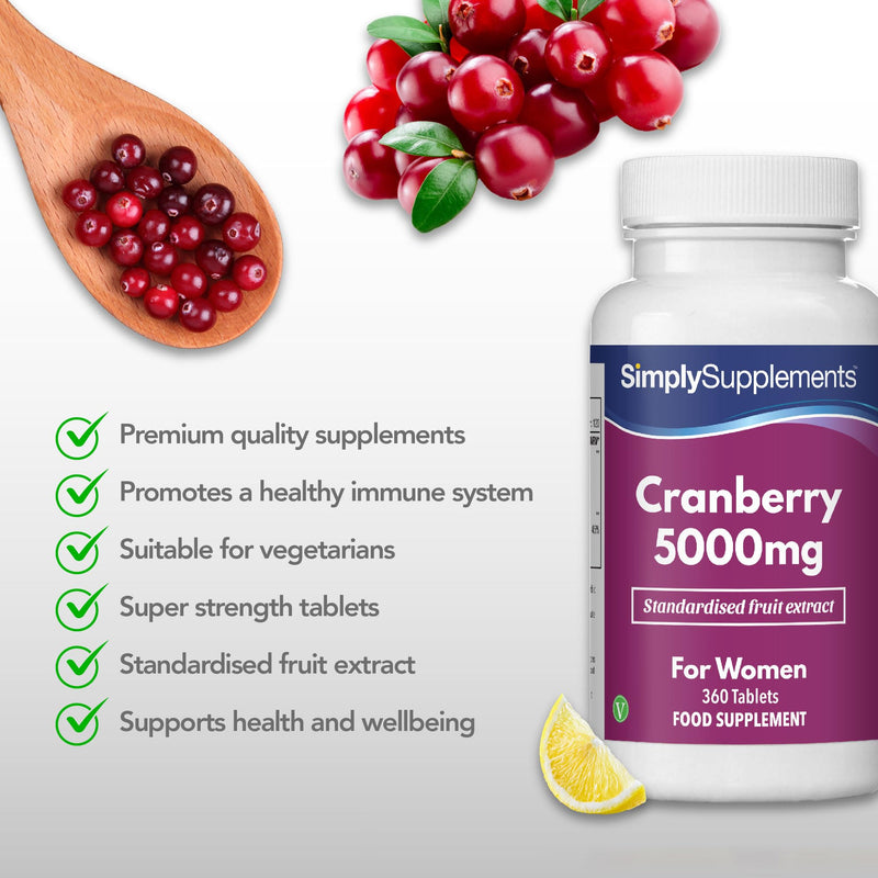 Cranberry 5000mg Tablets | High Strength Cranberry Extract | Vegan & Vegetarian Friendly | Now with Vitamin C for Immune Support | 360 Tablets = Up to 12 Month Supply | Manufactured in The UK - BeesActive Australia