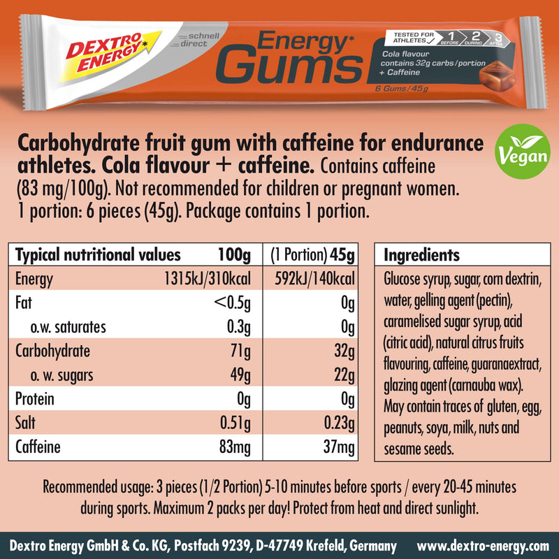 Dextro Energy I Energy Gums | Cola + Caffeine I Pocket Size Energy on the Go | For active lifestyle| Good Taste I Vegan I 8 x 45 g - BeesActive Australia