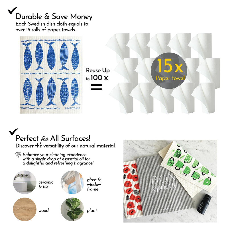 SIMPLYCASA Swedish Dishcloth Sponge Pack of 8, Reusable and Replace Dish Sponges and Dish Rags, Made in Sweden, Biodegradable, Zero Waste Quick Drying Cellulose Cleaning Cloths 8 Pack - Scandinavian Combo - BeesActive Australia