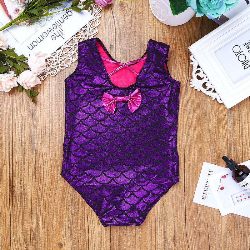 [AUSTRALIA] - TiaoBug Girls Metallic Leotard Sparkle Shiny Fish Scale Print Gymnastics Dance Clothes Athletic Bodysuit Outfit Purple 5-6 