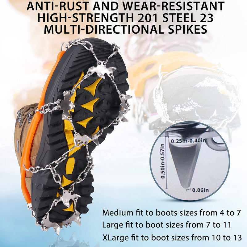 NewDoar Ice Cleats Crampons Traction,19 Spikes Stainless Steel Anti Slip Ice Snow Grips for Women, Kids, Men Shoes Boots, Safe Protect for Mountaineering, Climbing, Hiking, Walking, Fishing,M, L, XL Orange XL(Boot Size: M 11-14/W 12+) - BeesActive Australia