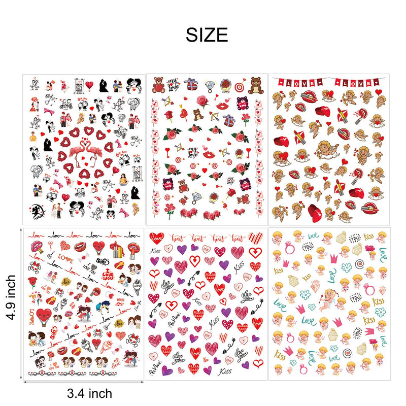 Valentine's Day Nail Art Stickers Red lips Nail Decals 6 Sheet Cupid Water Transfer Nail Supplies Love Heart Beer Rose Ring Pattern Designs Decoration for Women Cool Girls Holiday Acrylic Accessories - BeesActive Australia