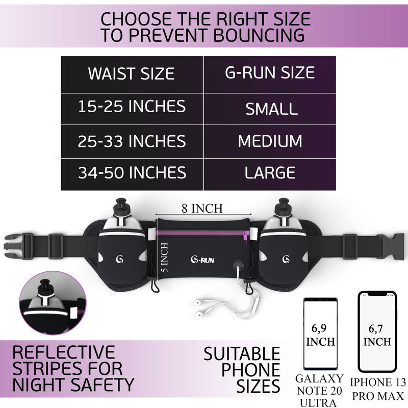 Hydration Running Belt with Bottles - Water Belts for Woman and Men - iPhone Belt for Any Phone Size - Fuel Marathon Waist Pouch for Runners - Jogging Cycling Biking Purple 34-50 inches - Large - BeesActive Australia