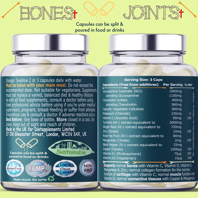 Glucosamine & Chondroitin complex � 180 High Strength Capsules � Turmeric, Ginger, Black Pepper, Rosehip, Vitamin C, Vitamins D & Vitamin K, Zinc, Manganese and Copper & Potassium for bones and joints - BeesActive Australia