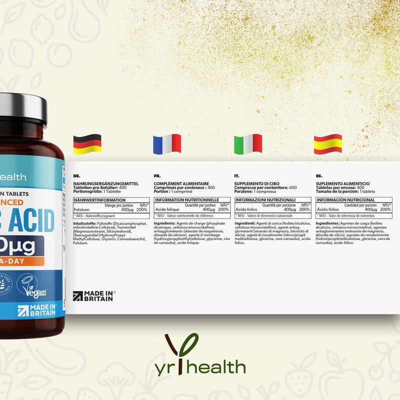 Folic Acid 400 mcg Tablets - 400 Vegan Vitamin B9 Tablets for Women, 13 Month Supply, Folic Acid Pregnancy for Normal Function of Immune System and Maternal Tissue Growth - Made in The UK by YrHealth - BeesActive Australia
