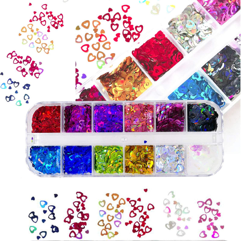 Bellefin 4 Boxes Nail Glitter Holographic Chunky Glitter Hollow Heart Shaped Iridescent Sequins Flakes with 1 Boxes Colorful Dried Flower for Nail Art Decoration(Multicolor) Multicolor - BeesActive Australia