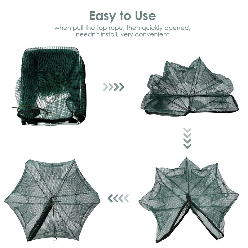 SOONHUA Portable Foldable 6/12 Holes Automatic Fishing Net Landing Trap Cast Dip Cage Fish Shrimp Minnow Crayfish Crab Baits Mesh Trap Dark green - BeesActive Australia