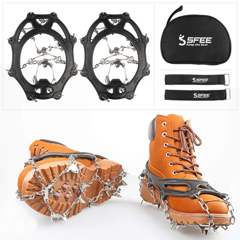 Sfee Ice Snow Grips Crampons Traction Cleats,19 Stainless Steel Spikes for Women Men Kids, Anti Slip Flexible Shoe/Boot Footwear for Walking Climbing Hiking Fishing Outdoor Black Medium(US:5-8) - BeesActive Australia