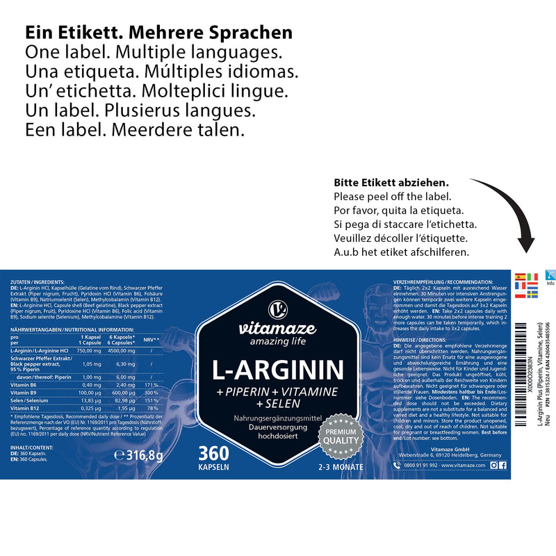 L-Arginine Capsules, Highly Concentrated, 360 Tablets with Vital Formula B6, B12 + Folic Acid + Selenium and Piperine, Organic & Natural Supplement Without Additives - BeesActive Australia