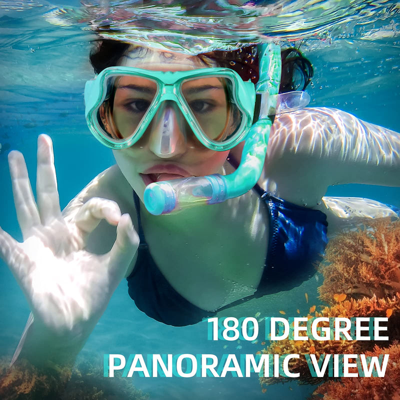 Keary Swimming Goggles Snorkel Diving Mask for Adult Men Women Youth, Anti-Fog 180°Clear View Swim Goggles with Nose Cover Green - BeesActive Australia