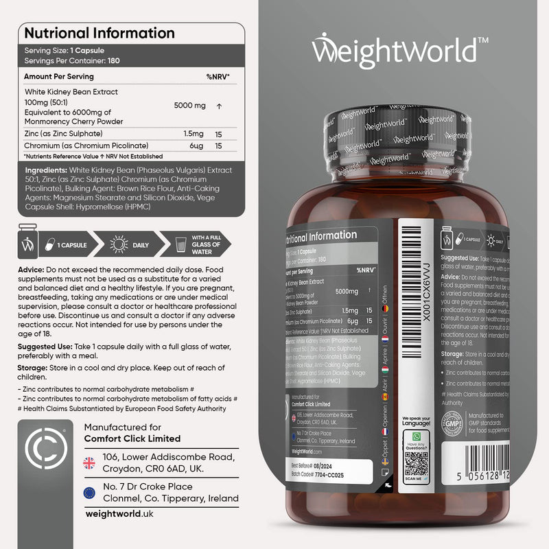 White Kidney Bean Extract 5000mg - 180 Vegan Capsules (6 Months Supply)- Enriched with Zinc & Chromium - High Strength Kidney Bean Supplement - Gluten Free - Made in The UK - BeesActive Australia