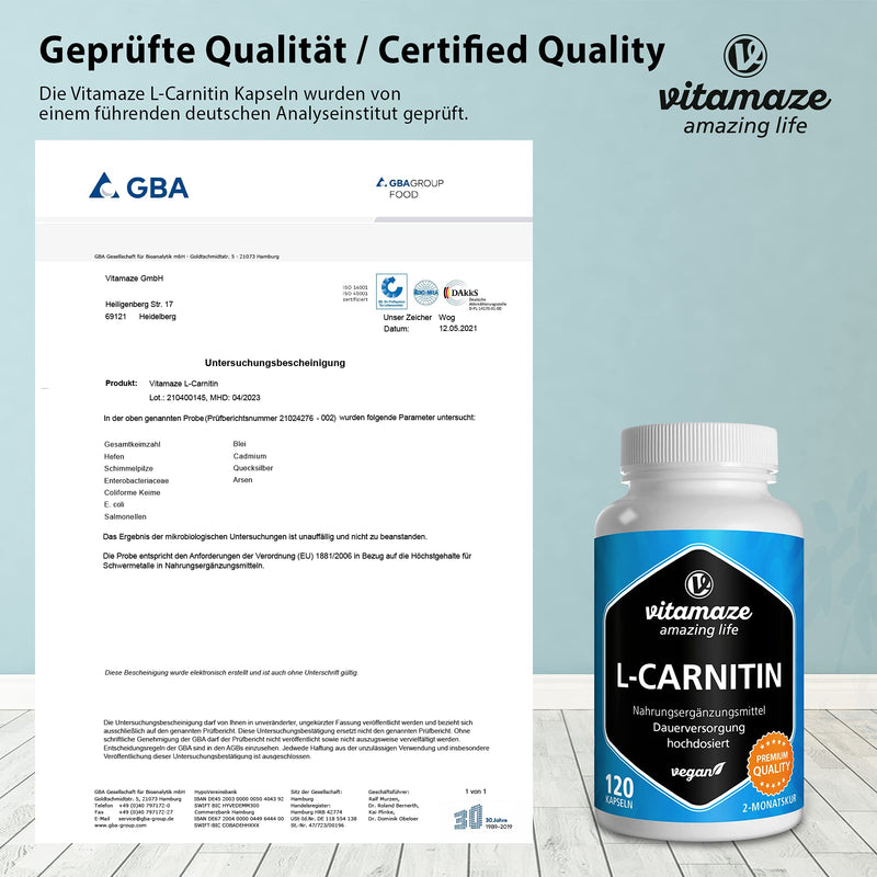 L-Carnitine High Strength & Vegan, 680 mg Pure L-Carnitine per Day, 120 Capsules for 2 Months, Natural & Organic Supplement Without Additives - BeesActive Australia