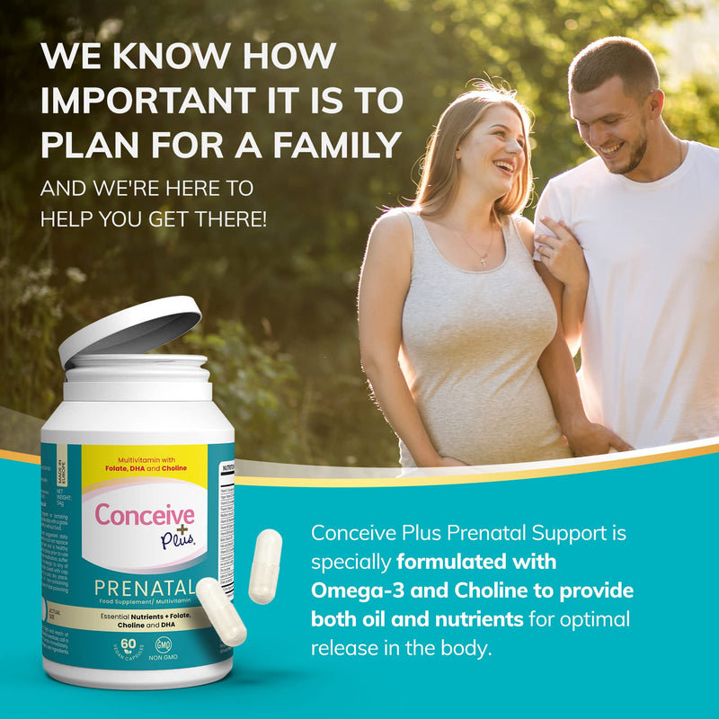 Conceive Plus Prenatal - Multivitamin + DHA, Choline, Folate. Non GMO Supplement During Pregnancy, 30 Days Supply, 60 Caps - BeesActive Australia