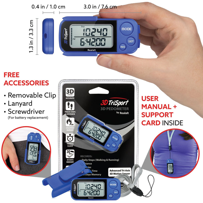 Realalt 3DTriSport Walking 3D Pedometer with Clip and Strap, Free eBook | 30 Days Memory, Accurate Step Counter, Walking Distance Miles/Km, Calorie Counter, Daily Target Monitor, Exercise Time. Blue - BeesActive Australia