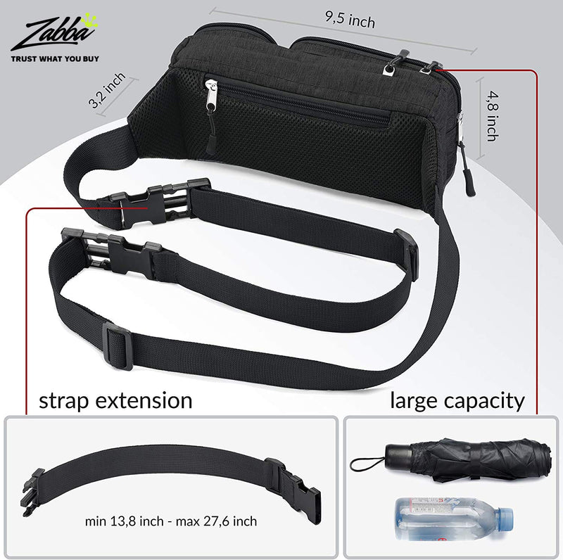 [AUSTRALIA] - Fanny Pack For Women & Men Cute Waist Bag - Hiking Travel Camp Running - Headphone Hole, Money Belt with 6 Pockets, Strap Extension - Easy Carry Any Phone, Passport, Wallet - Water Resistant Holder Black 