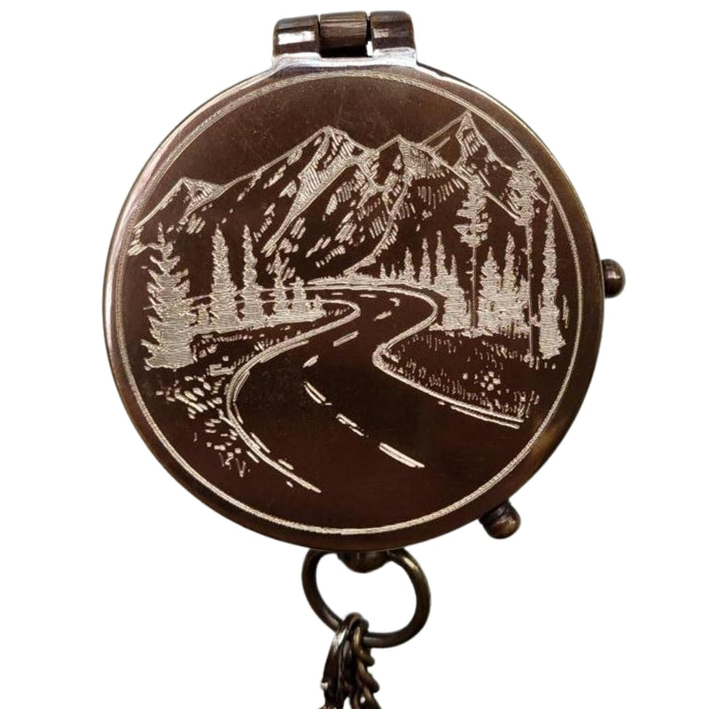 Mountain and Road Engraved Working Handmade Antiqued Brass Compass Gift for Men with ''for Your Adventures'' Stamped Leather Case - BeesActive Australia