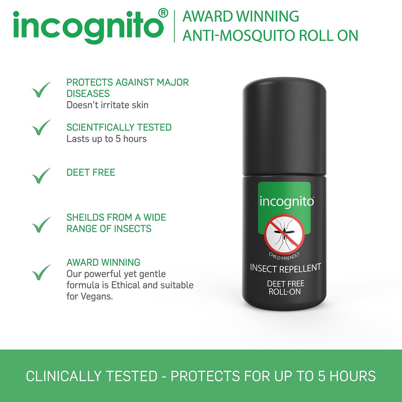 INCOGNITO Insect Repellent Roll on 50 ml - Maximum Strength, Vegan, DEET free formula - Mosquito Repellent and Effective On All Biting Insects - Travel Friendly - Bug Repellent Suitable for Humans, Transparent - BeesActive Australia