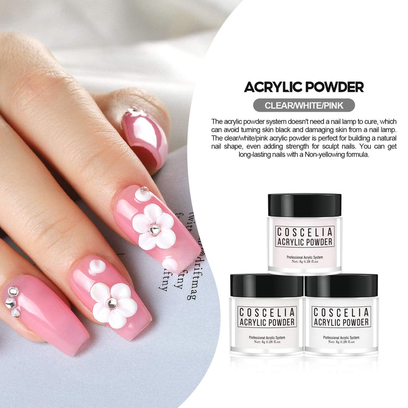 Coscelia Acrylic Nail Kit White Pink Clear Acrylic Powder and Liquid Set Professional Acrylic Brush Nail Forms for Acrylic Nails Extension Starter Kit a - BeesActive Australia