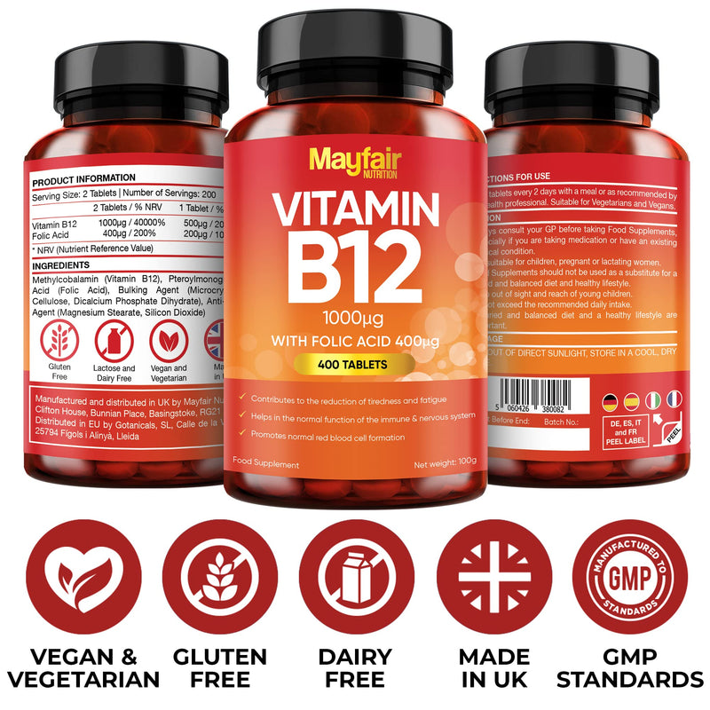 Vitamin B12 Supplements with Folic Acid - 200 Tablets of 1000mcg Vegan B12 - Non-GMO & Gluten-Free - Made in UK - BeesActive Australia