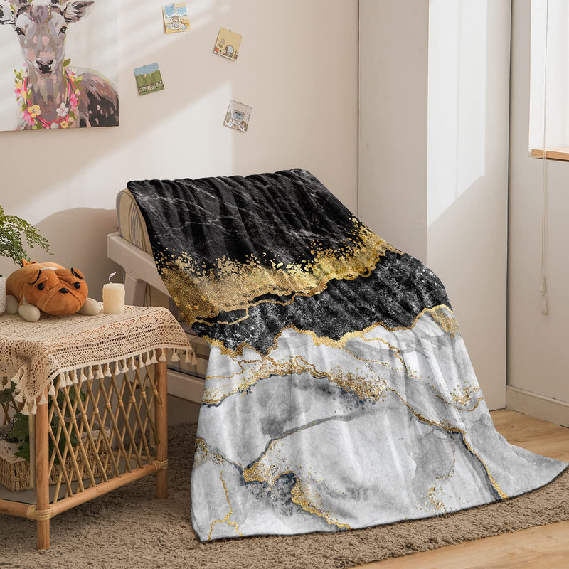 Bedbay Black Gold Marble Blanket Black Grey Marble Texture Flannel Throw Blanket Modern Marble Texture Soft Lightweight Fluffy Throws for Bed Couch Chair or Floor(Grey Gold, Throw(50"x60")) Grey Gold Throw(50"x60") - BeesActive Australia