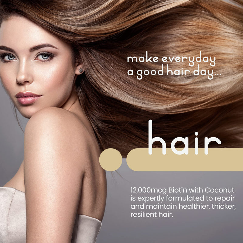 Biotin for Hair Growth, Skin and Nails - 12,000mcg High Strength - 365 Tablets (1 Year Supply) - Enriched with Coconut Oil Powder - Natural D-Biotin (Biologically Active) - Made in UK by VitaBright - BeesActive Australia