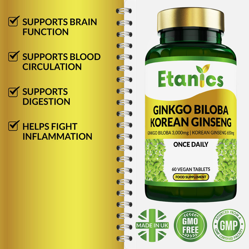 Etanics Ginkgo Biloba 3000mg & Ginseng 650mg Tablets | Memory, Cognitive Functions & Sexual Health for Vegetarians and Vegans - Made in The UK - BeesActive Australia