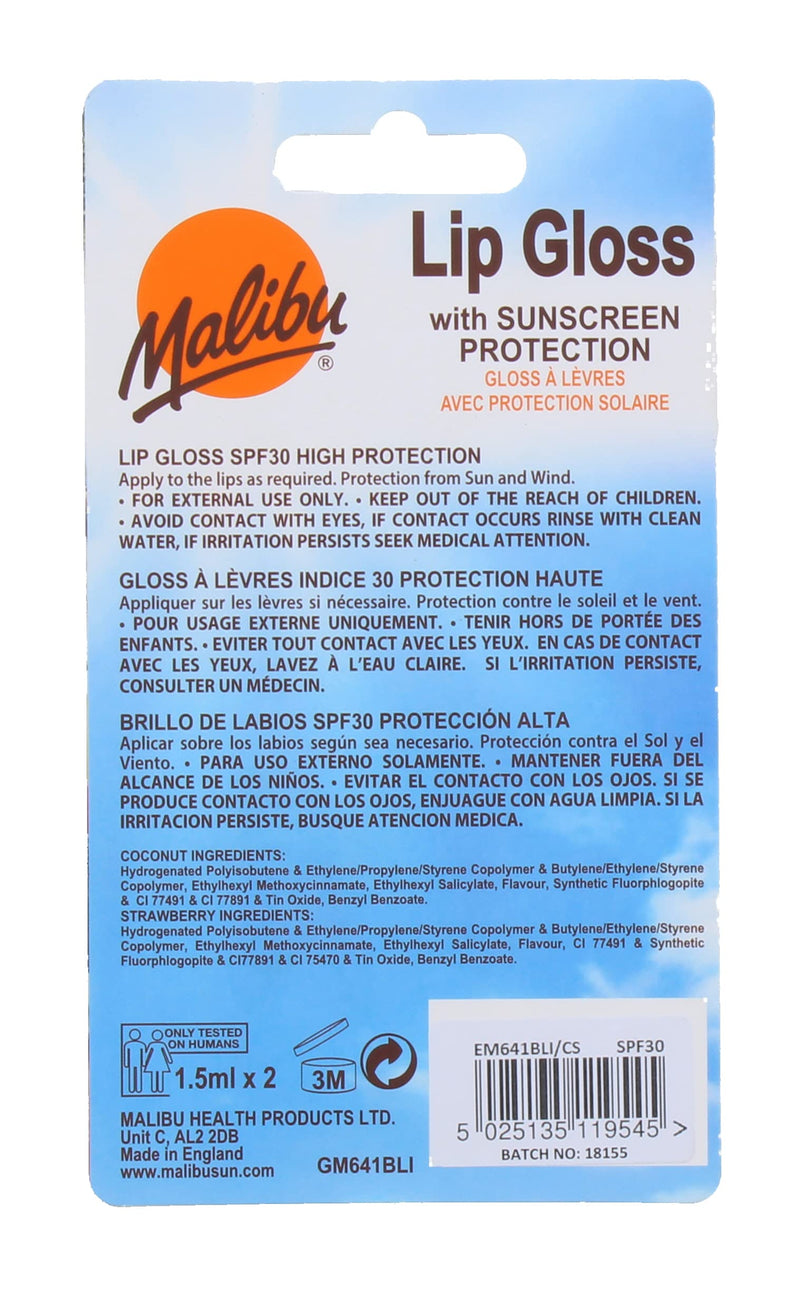 Malibu Sun SPF 30 Sunscreen Lip Gloss, High Protection, Water and Wind Resistant, Coconut and Strawberry, Pack of 2 x 1.5ml - BeesActive Australia