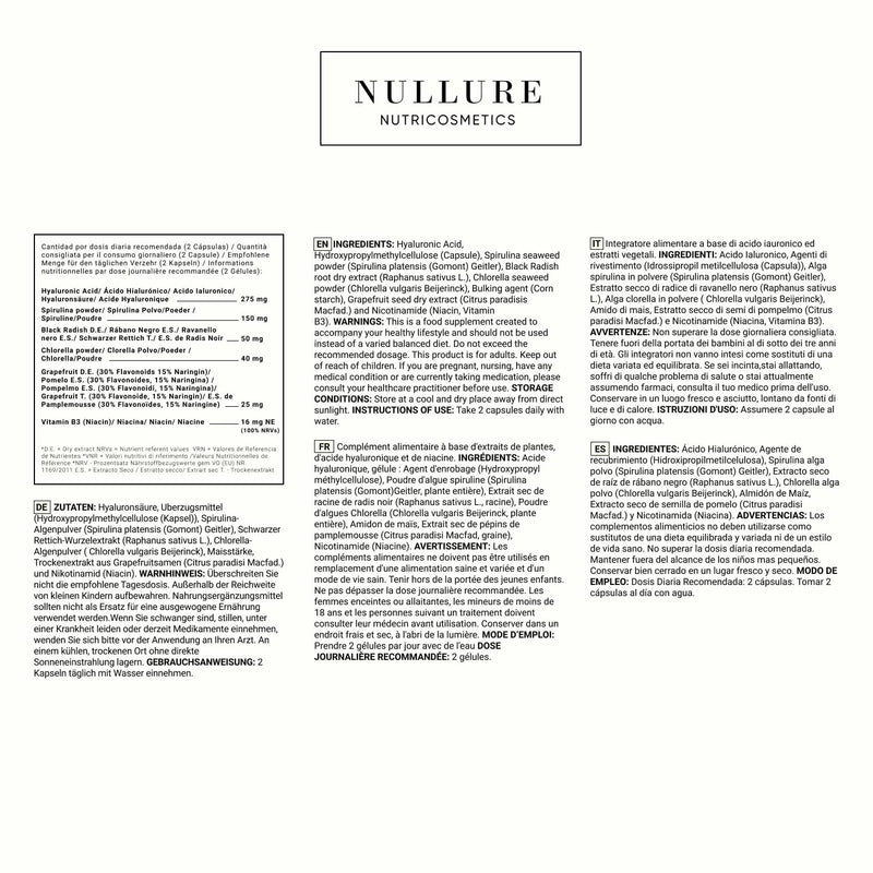 Hyaluronic Acid Nullure I Anti-Aging � Hydration � Skin Tone I Vegan Formula I - Hyaluronic Acid + Spirulina + Chlorella + Vitamin B3 + Black Radish + Grapefruit - 120 Capsules (2 Months) - BeesActive Australia