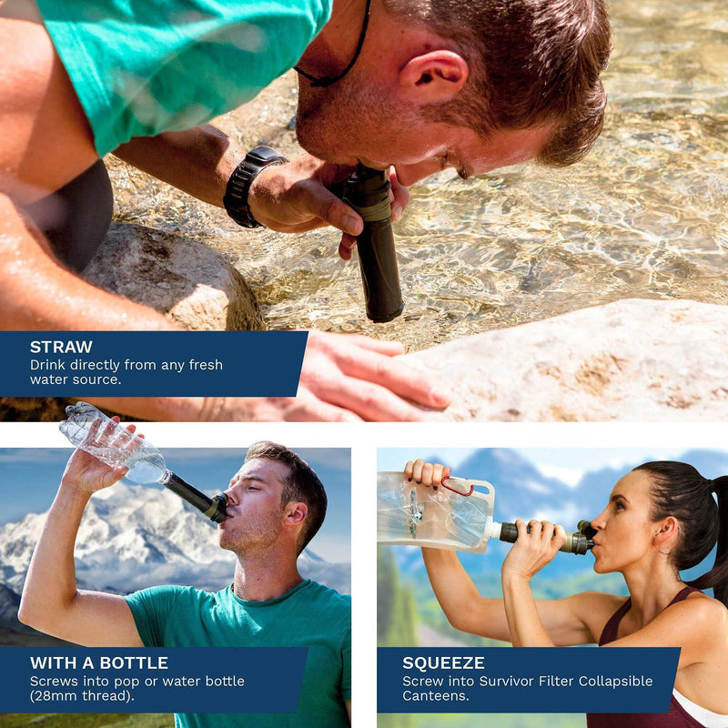Survivor Filter Squeeze Water Filter Kit  Includes Personal Water Filter Straw & 2 Collapsible Water Bottle Canteens - BeesActive Australia