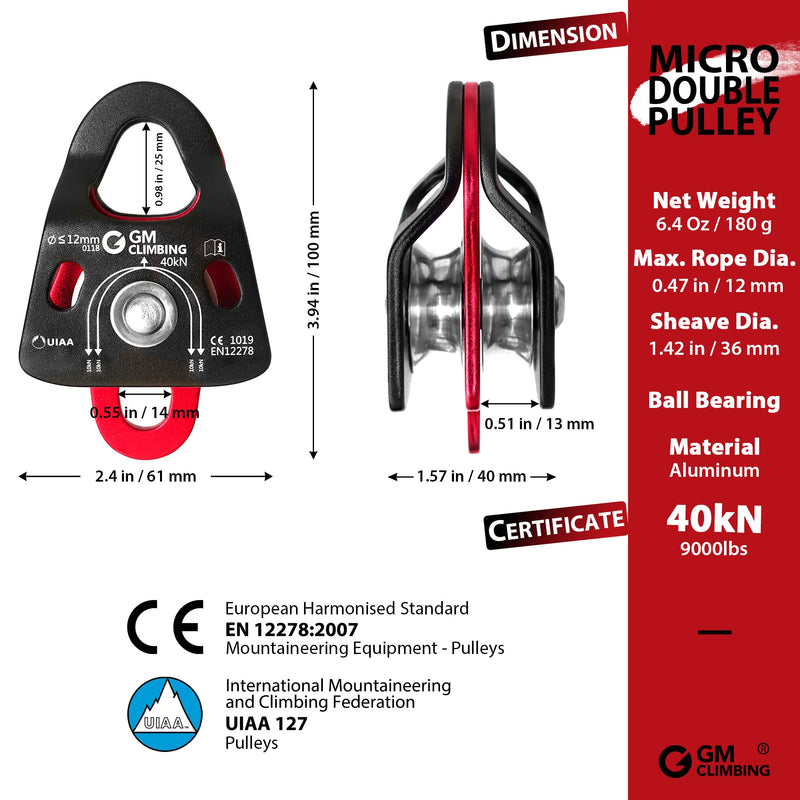 GM CLIMBING 40kN Micro Double Pulley Prusik Minding Ball Bearing UIAA CE for Progress Capture System Rigging Hauling Rescue Arborist Tree Climbing Single unit - BeesActive Australia