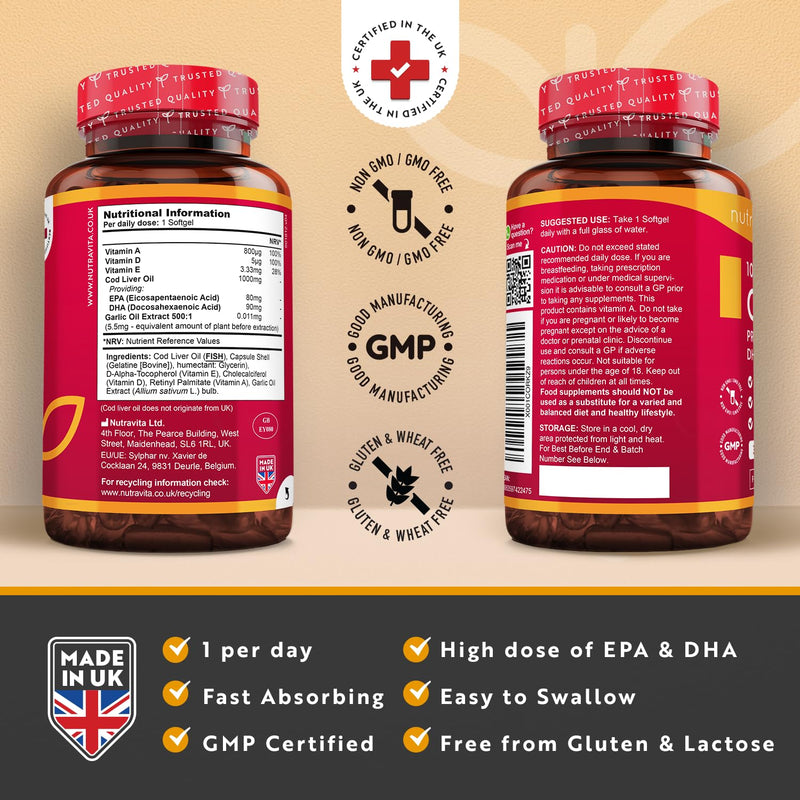 Cod Liver Oil 1000mg - 365 Softgels of Premium Cold Pressed Fish Oil - Rich in High Strength Omega 3, Vitamins A, D, E & Garlic Oil - Supports Heart & Brain Health - Made in The UK by Nutravita - BeesActive Australia