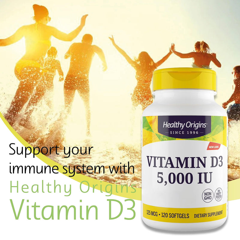 Healthy Origins, Depot Vitamin D3 125mcg (5000 IU), 1 Capsule Every 5 Days, 120 Softgels, Highly Dosed, Lab-Tested, Soy Free, Gluten Free, Non GMO - BeesActive Australia
