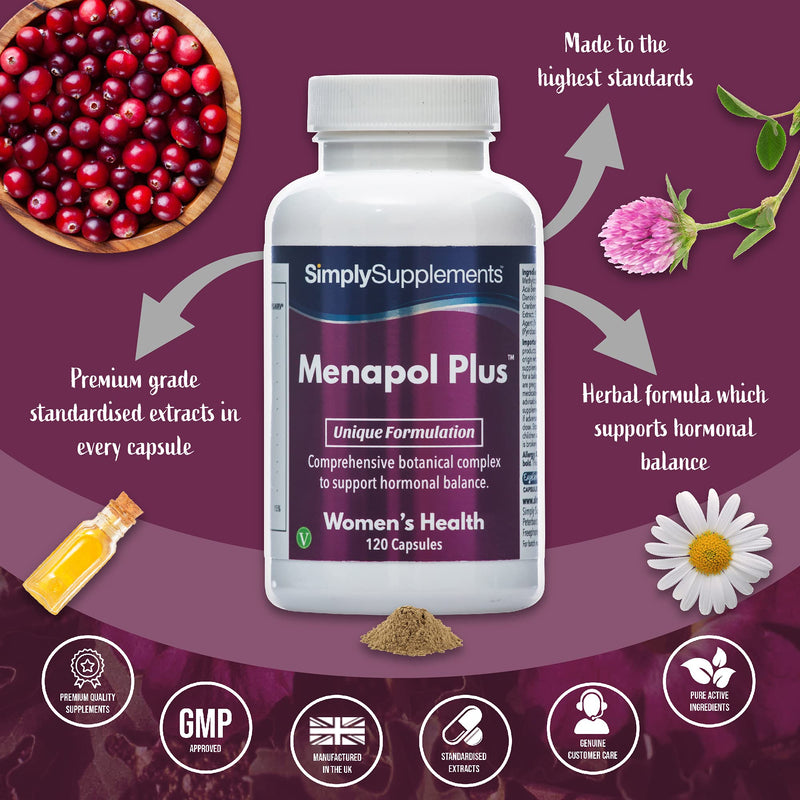 Menapol Plus for Hormonal Balance | SOYA Isoflavones, Siberian Ginseng & Red Clover Capsules | 120 Capsules | Manufactured in The UK - BeesActive Australia