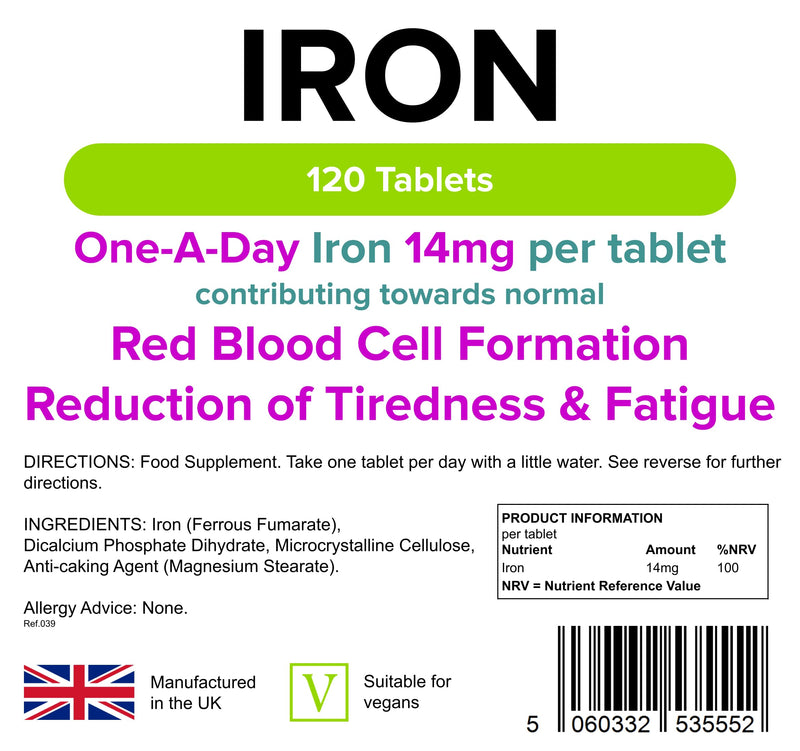 Lindens Iron 14mg - 120 Vegan Tablets - Reduce Tiredness, Increase Energy | Creates Healthy Red Blood Cells | Normal Oxygen Transportation | (4 Months Supply) | UK Manufacturer, Letterbox Friendly - BeesActive Australia