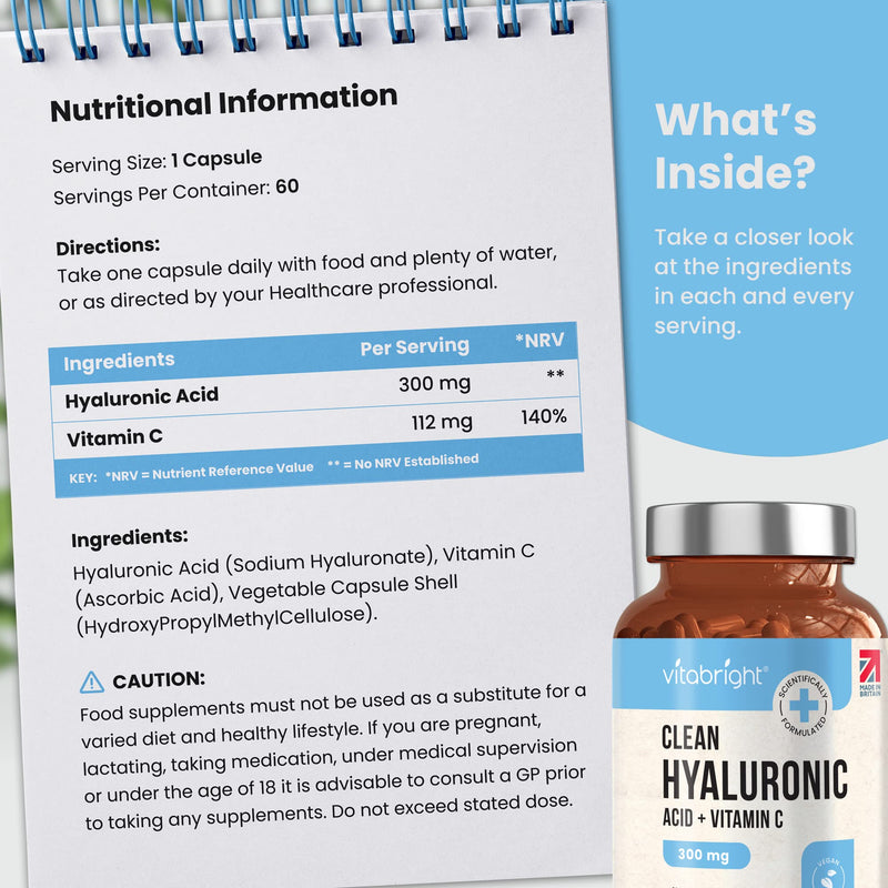Hyaluronic Acid Capsules - High Strength 300mg - Premium Grade 500-700kDa - 60 Capsules (2 Month Supply) - With Vitamin C - Natural Moisturiser For Face, Body, Skin & Joints - Made In UK By Vitabright - BeesActive Australia
