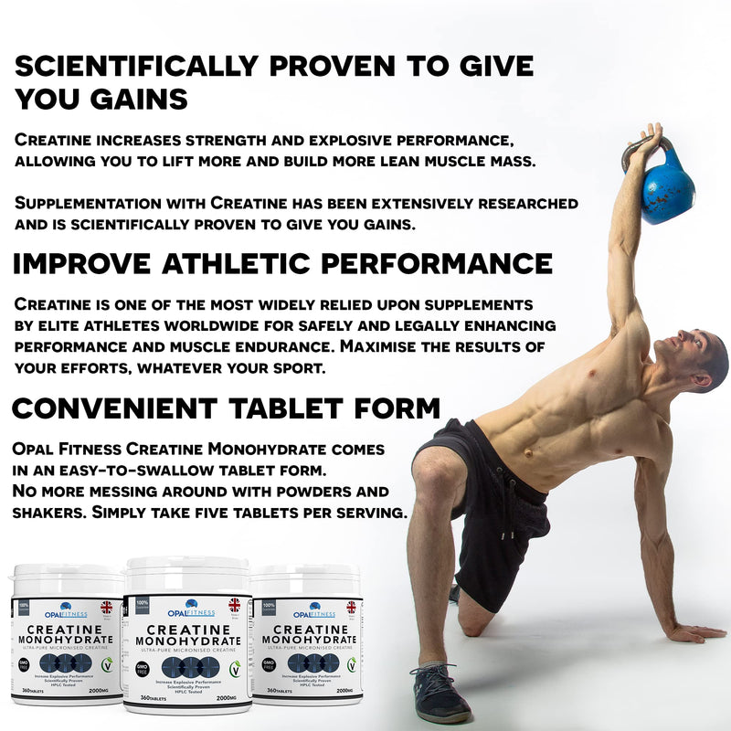 Creatine Monohydrate Tablets by Opal Fitness – Easy to Swallow Vegan Tablets - Scientifically Proven to Increase Muscle Strength, High Intensity Explosive Energy, and Build Lean Muscle Mass - BeesActive Australia