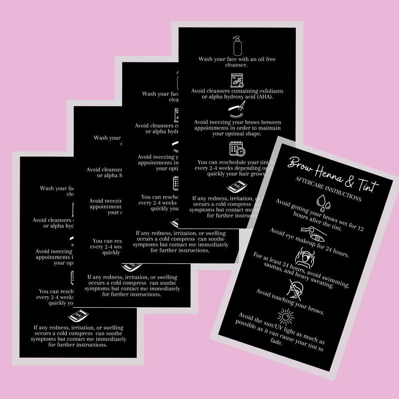 Brow Henna and Tint Aftercare Instruction Cards | 50 Pack | Physical Printed 2 x 3.5” inches Business Card Size | Starter Lift Kit with Tint at home diy supplies | Black with White Icon Design - BeesActive Australia