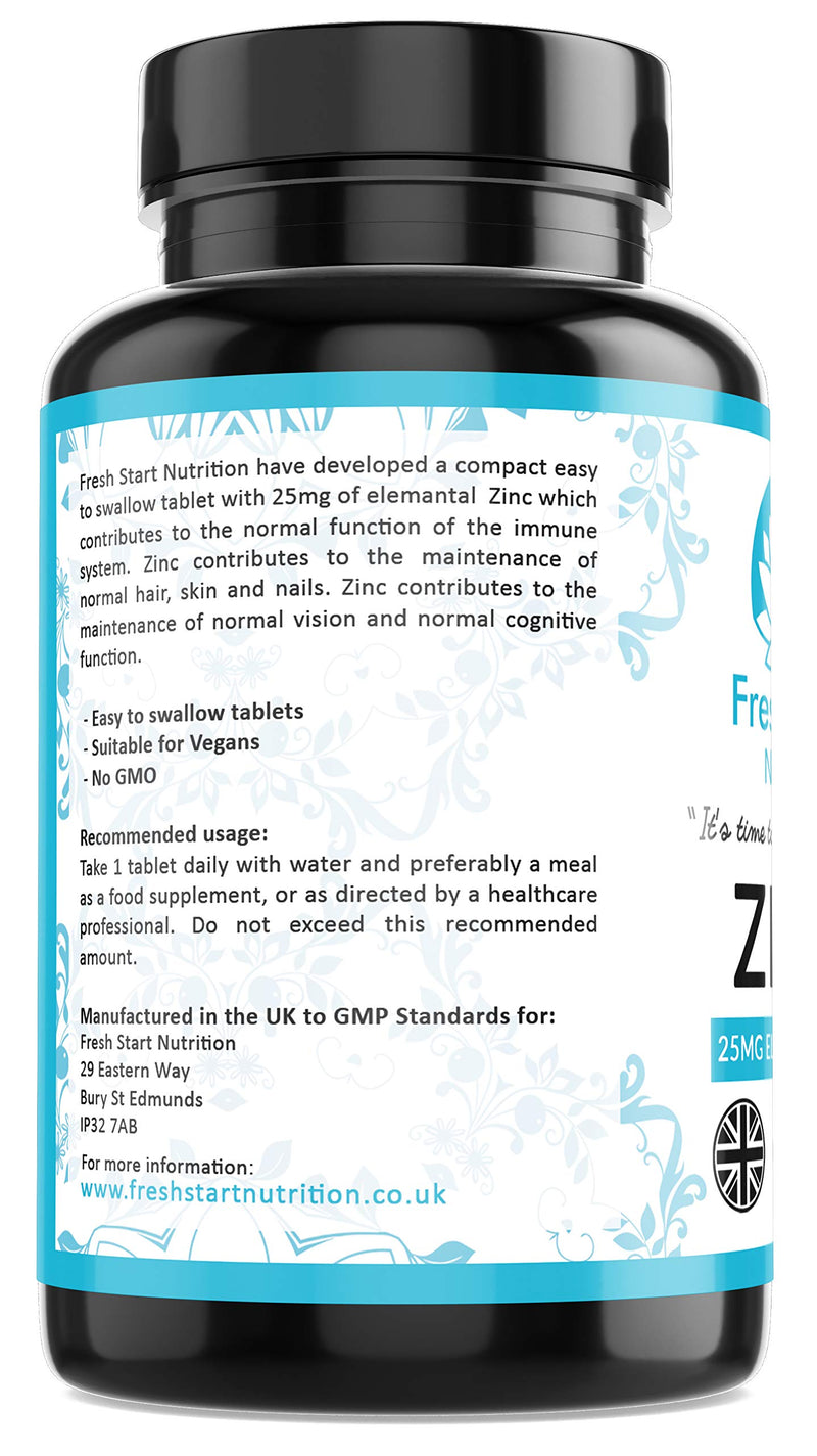 Zinc Tablets 25mg � Zinc Tablets High Strength for Maintenance of Normal Immune System, Hair, Skin, Nails & Bones Zinc Supplements - 180 Vegan Tablets � Made in The UK by Fresh Start Nutrition - BeesActive Australia