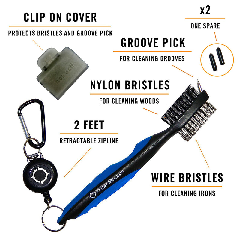 Ace Golf Brush and Club Groove Cleaner, 2 Ft Retractable Zip-line Aluminum Carabiner, Bonus Brush Cover, Lightweight, Stylish, Ergonomic Design, Premium Tour Grade, Easily Attaches to Golf Bag Blue - BeesActive Australia